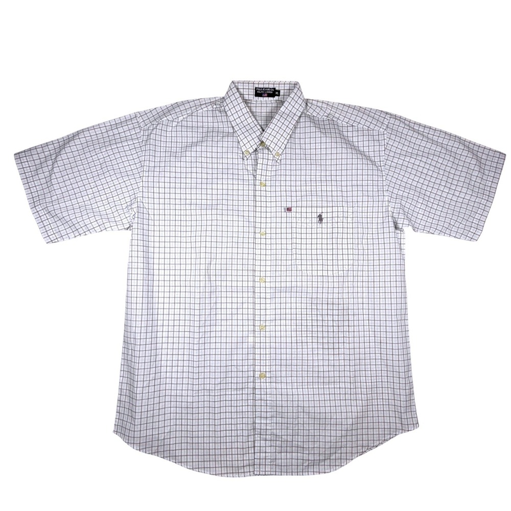 Polo Jeans Co Ralph Lauren Mens XL Short Sleeve Button Down Check Shirt White